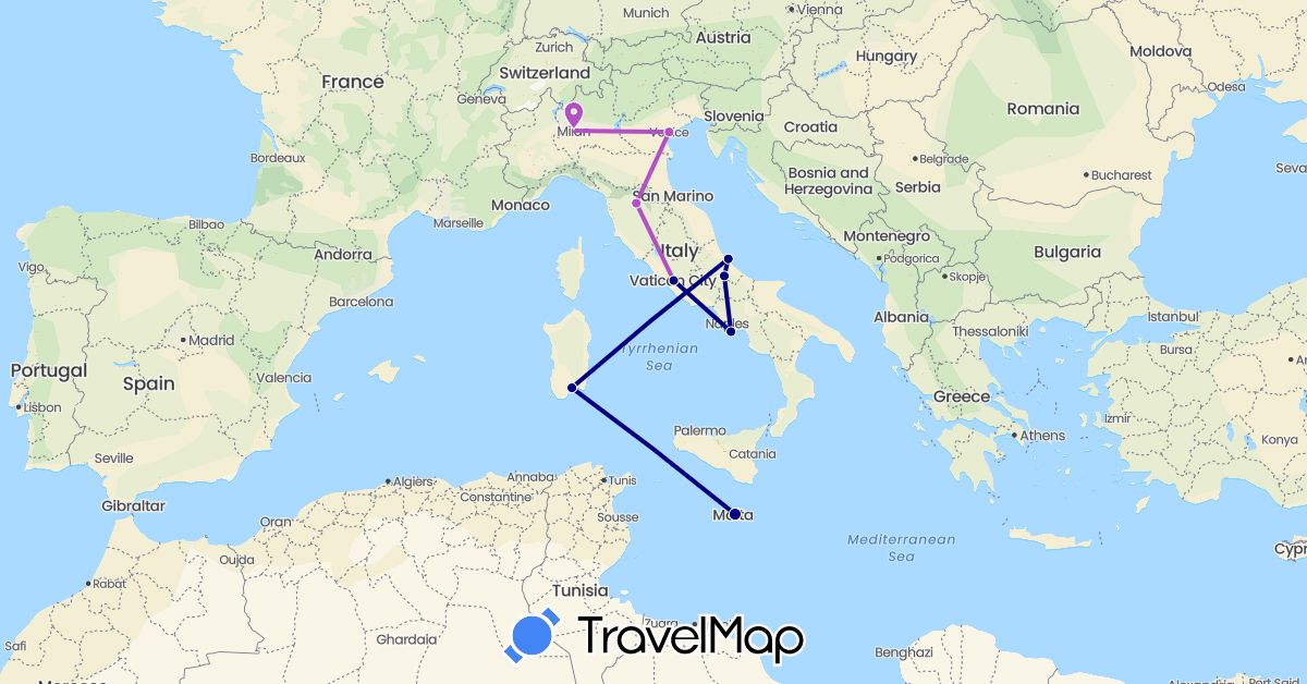 TravelMap itinerary: driving, train in Italy, Malta (Europe)